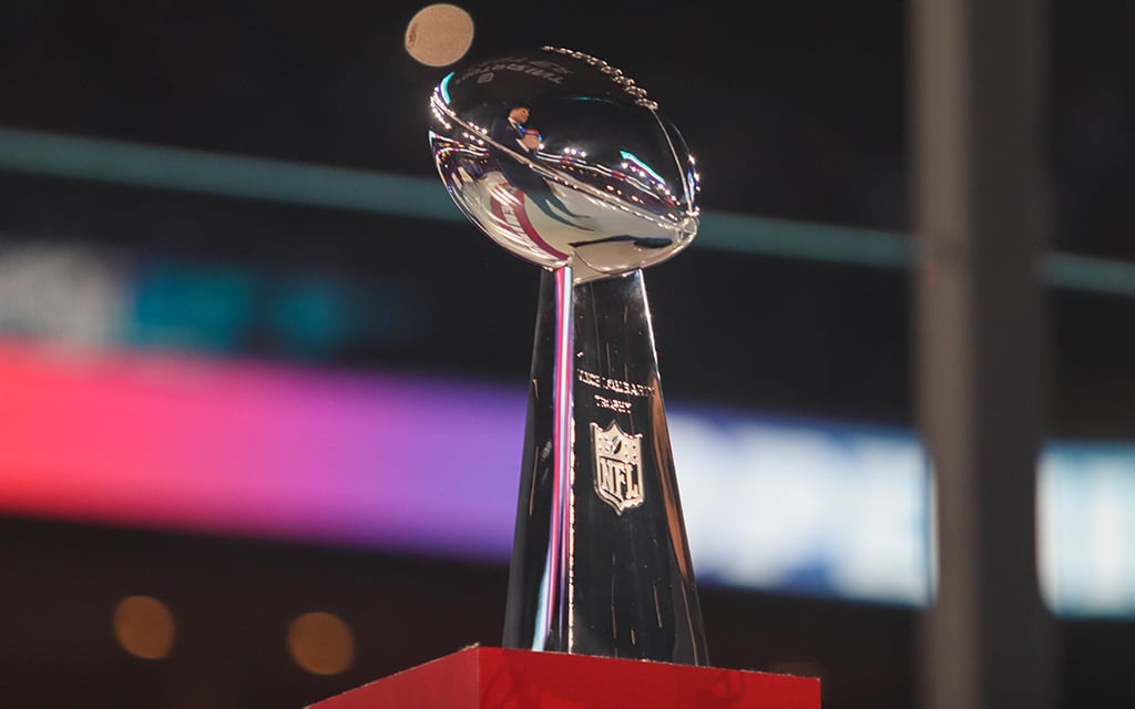 The Vince Lombardi Trophy is on the line at State Farm Stadium. Who will walk away as Super Bowl 57 champions? (Photo by Reece Andrews/Cronkite News)