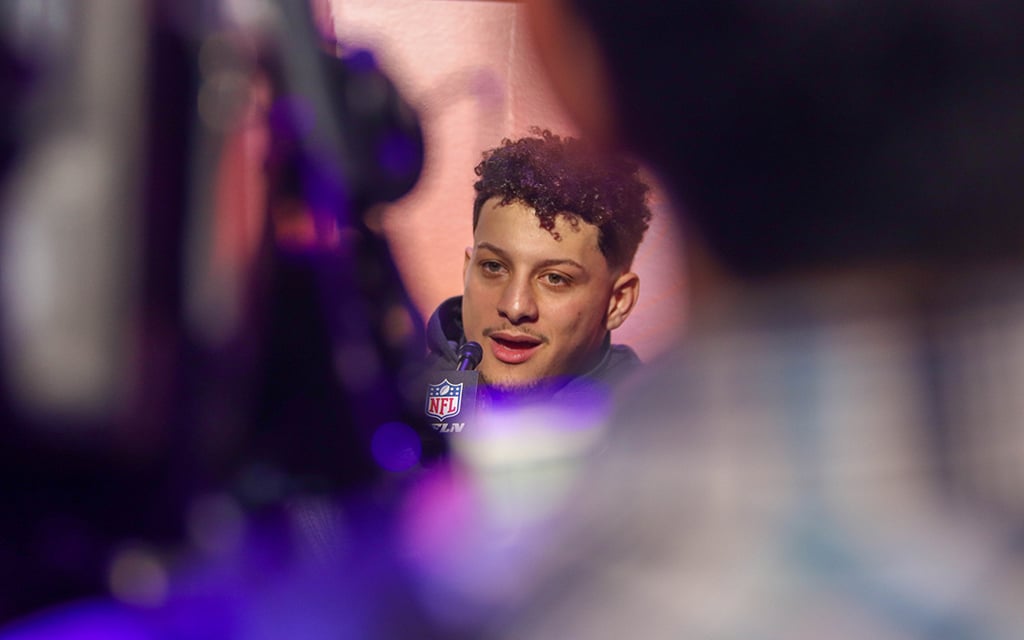 As he prepares for his third Super Bowl appearance, Kansas City Chiefs QB Patrick Mahomes needed a reminder about Valentine's Day during Monday's Opening Night at Footprint Center. “I didn’t even notice it was coming up,” the MVP finalist said. (Photo by Reece Andrews/Cronkite News)