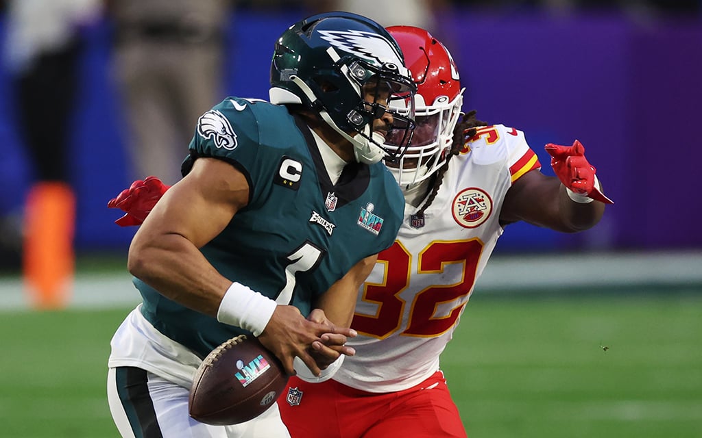 Philadelphia Eagles QB Jalen Hurts played nearly flawless football in Super Bowl 57, but his costly fumble in the second quarter gave the Kansas City Chiefs new life. (Photo by Ezra Shaw/Getty Images)