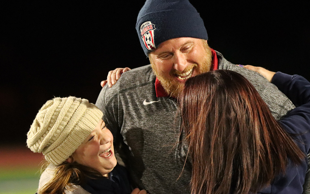 In his fifth season as Perry boys soccer coach, Jason Berg earned his first state championship and celebrated the victory with family. (Photo by Haley Smilow/Cronkite News)