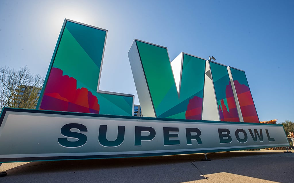 Margaret T. Hance Park is home to a portion of the Super Bowl LVII Experience. Signage at the park promotes the big game and events surrounding it. (Photo by Drake Presto/Cronkite News)