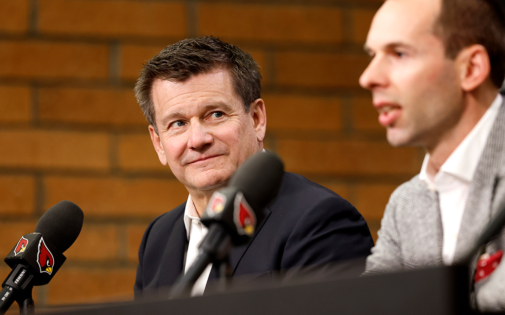 Owner Michael Bidwill, left, looks on as new Arizona Cardinals coach Jonathan Gannon answers a question from the media during a press conference at Dignity Health Arizona Cardinals Training Center Thursday. (Photo by Chris Coduto/Getty Images)