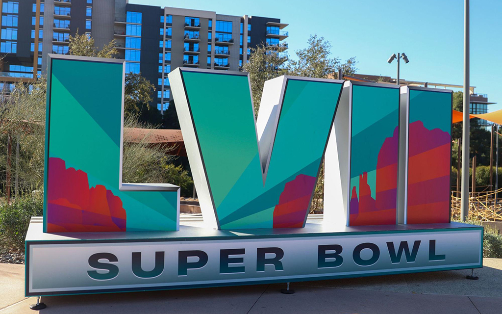 A sign for Super Bowl LVII in Margaret T. Hance Park in Phoenix.