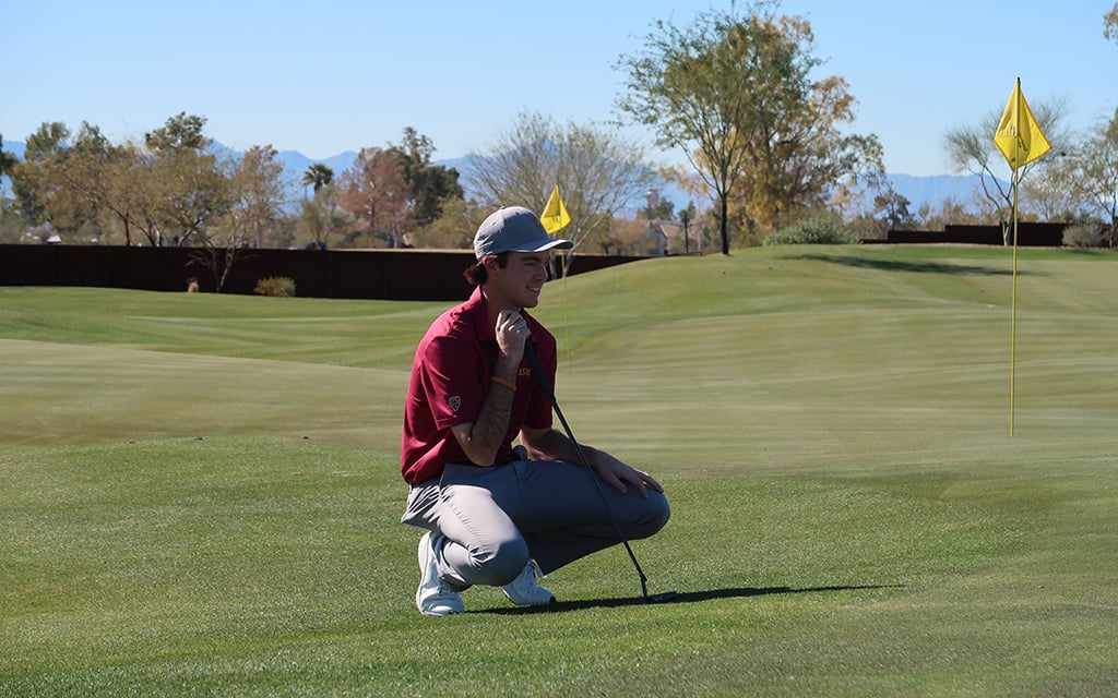 Arizona State freshman golfer Luke Potter takes practice swings ahead on last month's Southwestern Invitational hosted by North Ranch Country Club in California. He will return to the course at The Amer Ari on Wednesday. (Photo by Kade Cameron/Cronkite News)