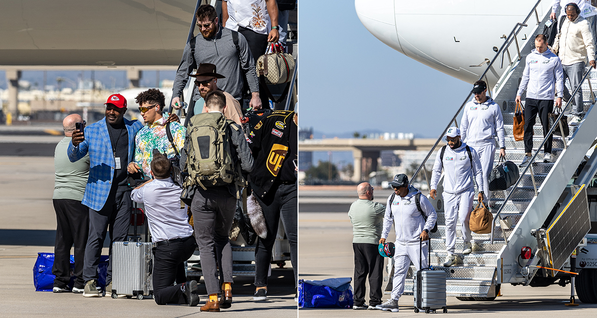 Left: Kansas City Chiefs quarterback Patrick Mahomes is spotted exiting the plane, wearing a Louis Vuitton hoodie and a pair of sunglasses. Right: The Eagles arrived in Phoenix sporting matching team-issued sweatsuits. (Photo by Susan Wong/Cronkite News)
