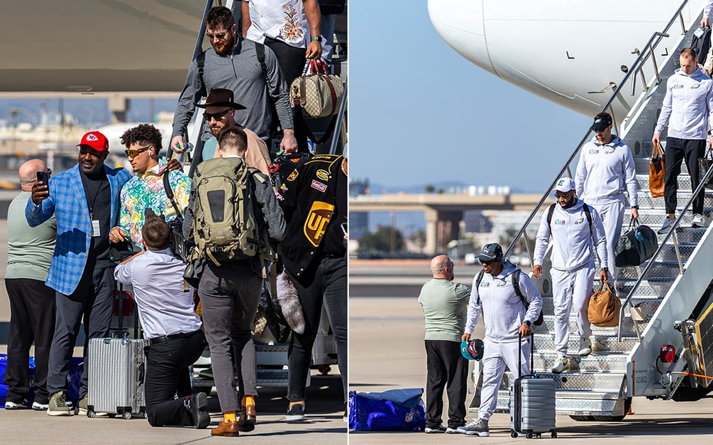 Left: Kansas City Chiefs quarterback, Patrick Mahomes, is seen wearing a Louis Vuitton hoodie and a pair of sunglasses. Right: The Eagles arrived in Phoenix sporting matching team-issued sweatsuits. (Photo by Susan Wong/Cronkite News)