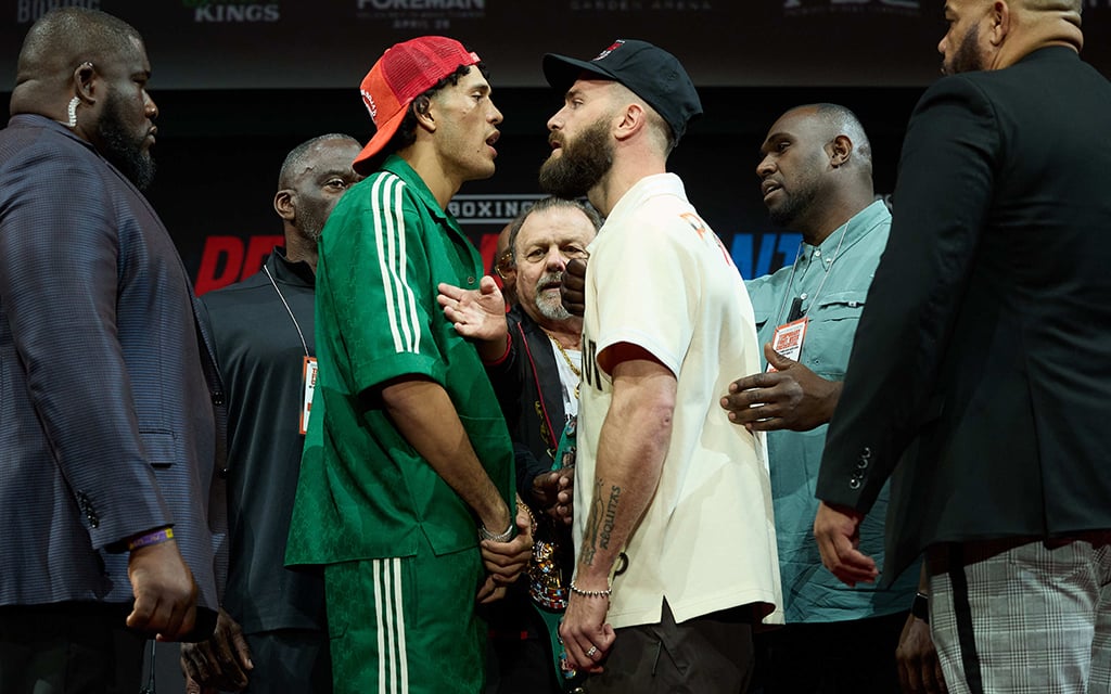 Phoenix native David Benavidez, a former two-time champion, enters Saturday's bout 26-0 with an 88% knockout rate. Caleb Plant, right, called himself "the real deal" during Thursday's press conference. (Photo by Esther Lin/SHOWTIME)