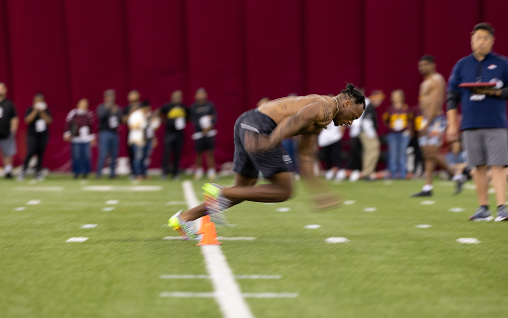Former Arizona State running back Xazavian Valladay, who led the Pac-12 in rushing touchdowns last season (16), clocked a 4.43 in the 40-yard dash Monday at ASU Pro Day. (Photo by Susan Wong/Cronkite News)