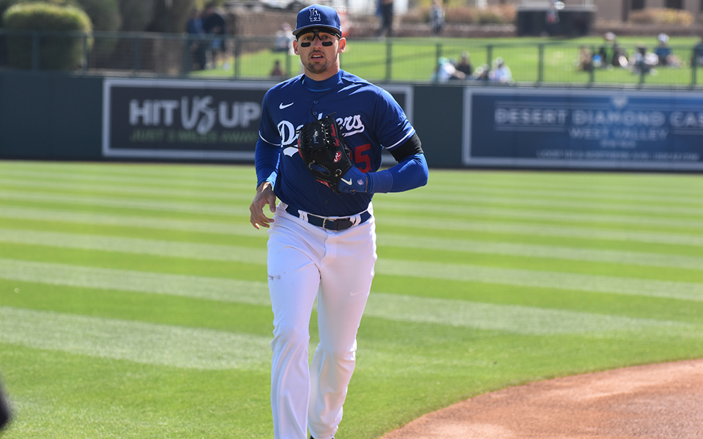 Trayce Thompson, the brother of Golden State Warriors guard Klay Thompson, is scheduled to start in center field for the Los Angeles Dodgers after a solid finish to last season. (Photo by Joe Eigo/Cronkite News)