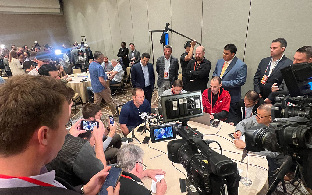 New Cardinals coach Jonathan Gannon shared the latest developments in the organization during Tuesday's NFL owners' meetings at Arizona Biltmore. (Photo by Olivia Eisenhauer/Cronkite News)