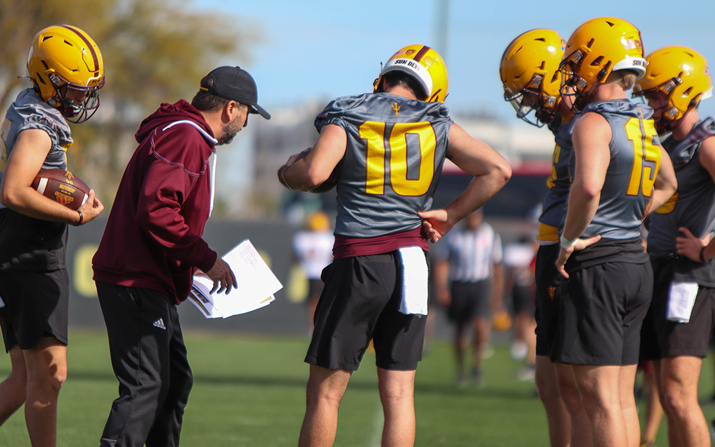 Kenny Dillingham has preached competition at all levels of the ASU football program in his first season – and a QB battle is brewing at spring practice. (Photo by Reece Andrews/Cronkite News)