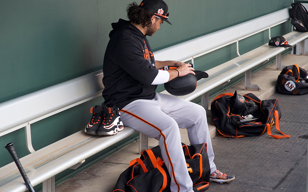 For spring training, San Francisco Giants shortstop Brandon Crawford picked out a pair of Nike Air Griffey Max 1s from his impressive custom cleats collection. (Photo by Kade Cameron/Cronkite News)