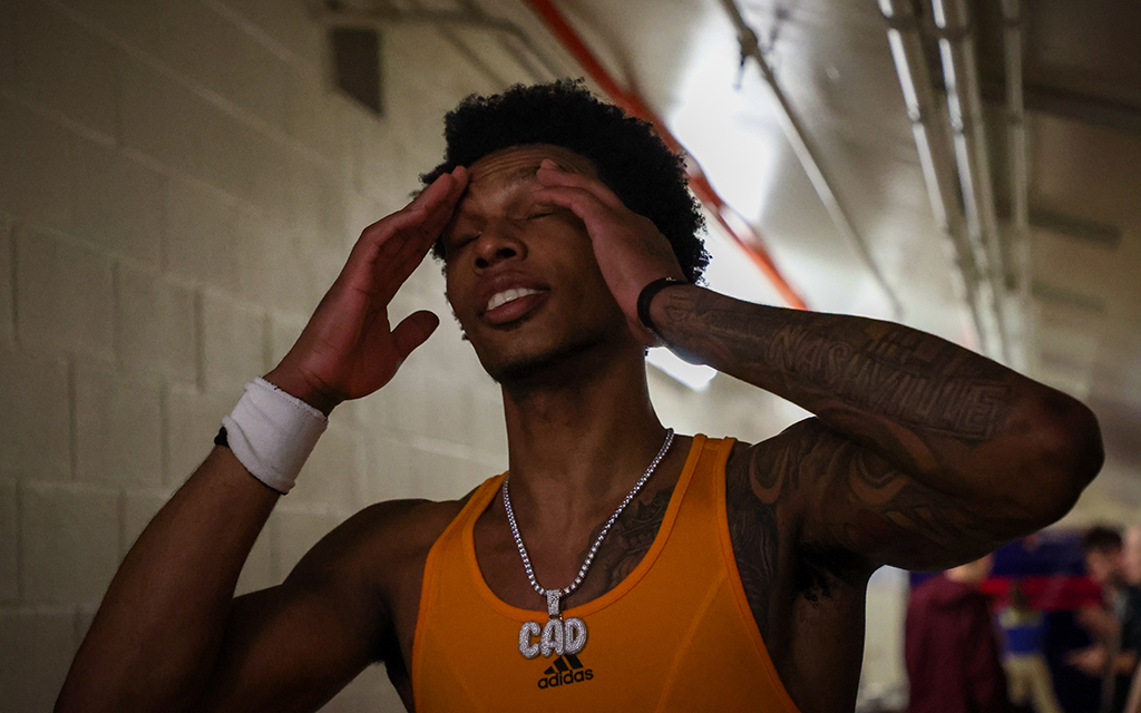 Desmond Cambridge Jr. looked as if he was still in disbelief after hitting a game-winning half-court shot against Arizona recently. He hopes to sparks Arizona State to a successful run in the Pac-12 Men's Basketball Tournament. (Photo by Damian Rios/Cronkite News)