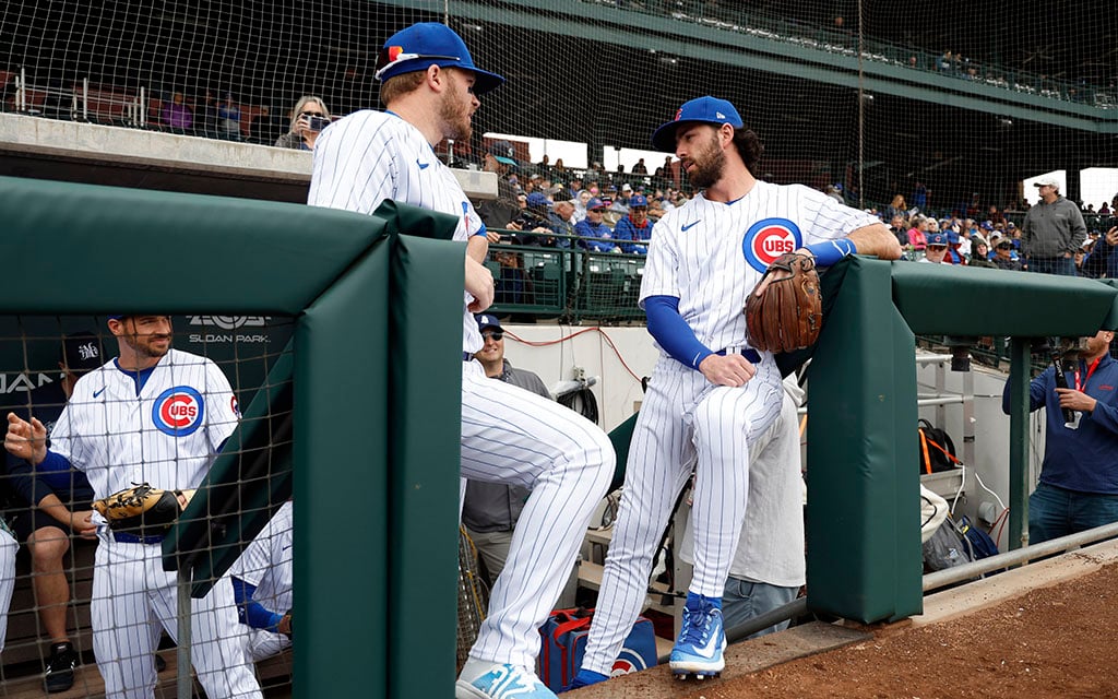Chicago Cubs outfielder Ian Happ, left, and shortstop Dansby Swanson immediately clicked in the clubhouse at spring training. (Photo by Chris Coduto/Getty Images)