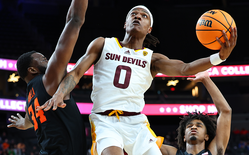 DJ Horne and the Sun Devils will aim to advance to the First Round of the NCAA men's tournament, where TCU awaits as the West region's No. 6 seed. (Photo by Leon Bennett/Getty Images)