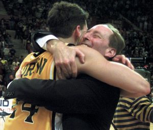 Bryce, left, and Homer Drew share a hug after a game that was supposed to go Mississippi’s way. Old Miss was seeded fourth and Valparaiso was seeded 13th. (Photo courtesy of Valparaiso Athletics)