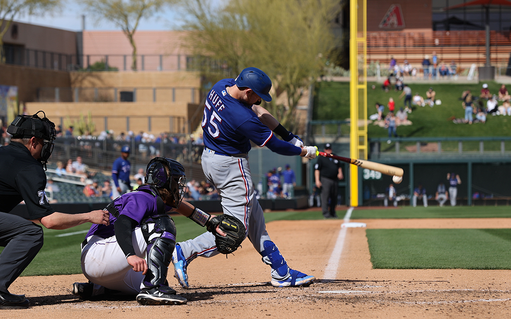 Texas Rangers catcher Sam Huff is batting .364 with one homer and 3 RBI in eight spring training games. (Photo by John Cascella/Cronkite News)