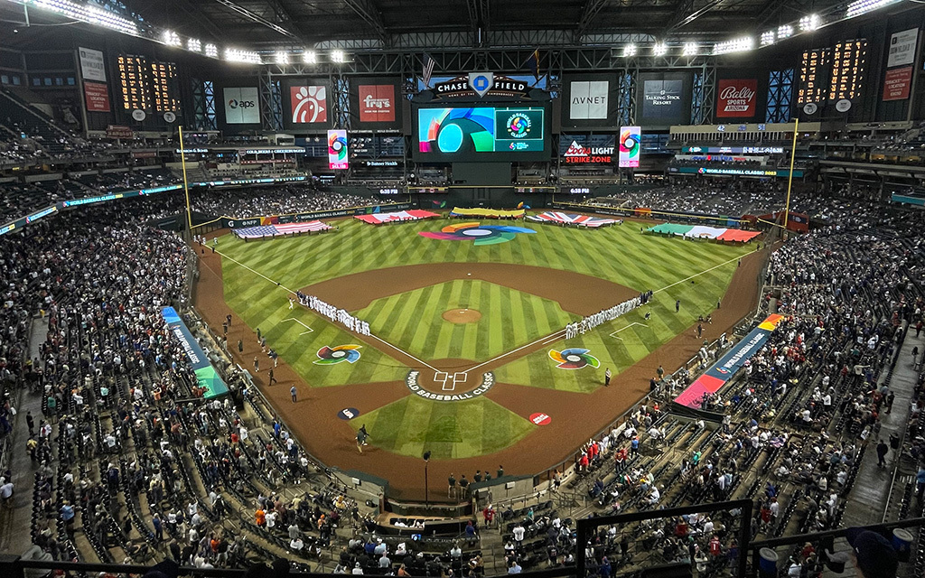 A photo of Chase Field with flags for the U.S., Canada, Colombia, Great Britain and Mexico.