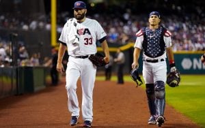 White Sox right-hander Lance Lynn, left, worked the full 65-pitch limit against Team Canada and only allowed one run while striking out six. (Photo by Daniel Shirey/WBCI/MLB Photos via Getty Images)