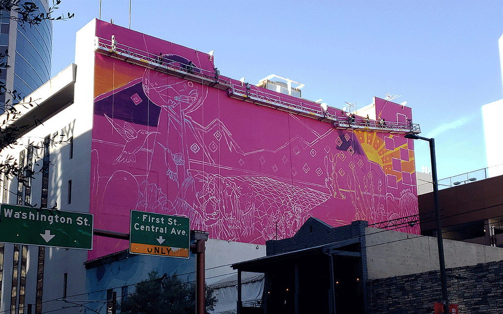 A gif showing the progression of the mural's creation through five photos.