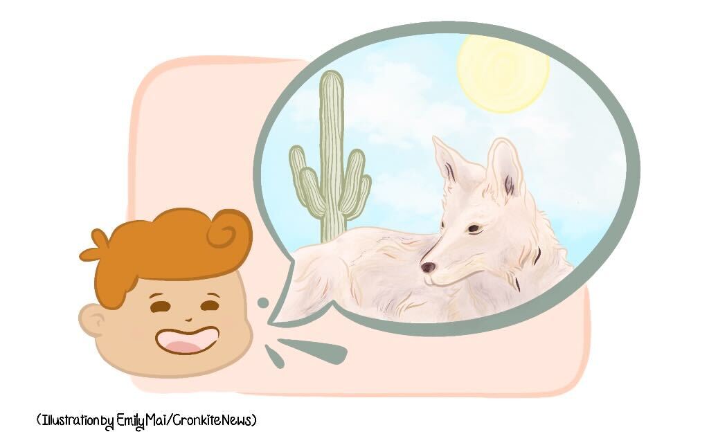 Illustration of a person and speech bubble containing a coyote, which some people pronounce as ki-yote.
