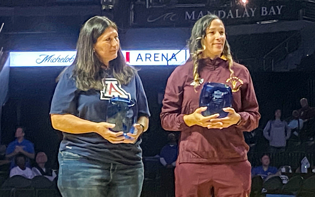 Former Arizona softball player Susie Parra, left, and Arizona State track and field athlete Jackie Johnson-Powell were among 12 Pac-12 Hall of Honor inductees. (Photo by Nicholas Hodell/Cronkite News)