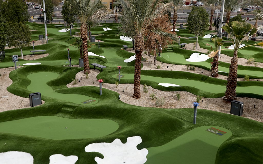 PopStroke, a mini-golf course designed by Tiger Woods, opened in Glendale Thursday and offers the public a 36-hole experience. (Photo by Robert Crompton/Cronkite News)