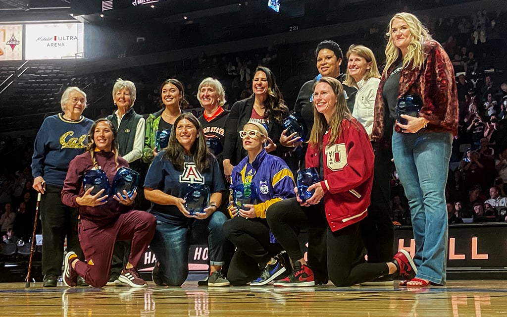 The 2023 Pac-12 Hall of Honor class was recognized Friday during halftime of the first Pac-12 Women's Basketball Tournament semifinal. (Photo by Nicholas Hodell/Cronkite News)