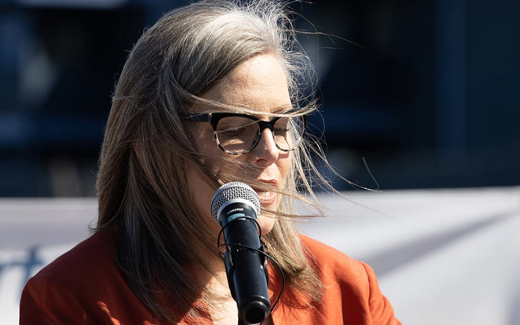 Arizona Gov. Katie Hobbs speaks at a groundbreaking ceremony for affordable housing community Centerline on Glendale, which is financed in part using state low-income housing tax credits. Photo taken March 24, 2023. (Photo by Izabella Hernandez/Cronkite News)