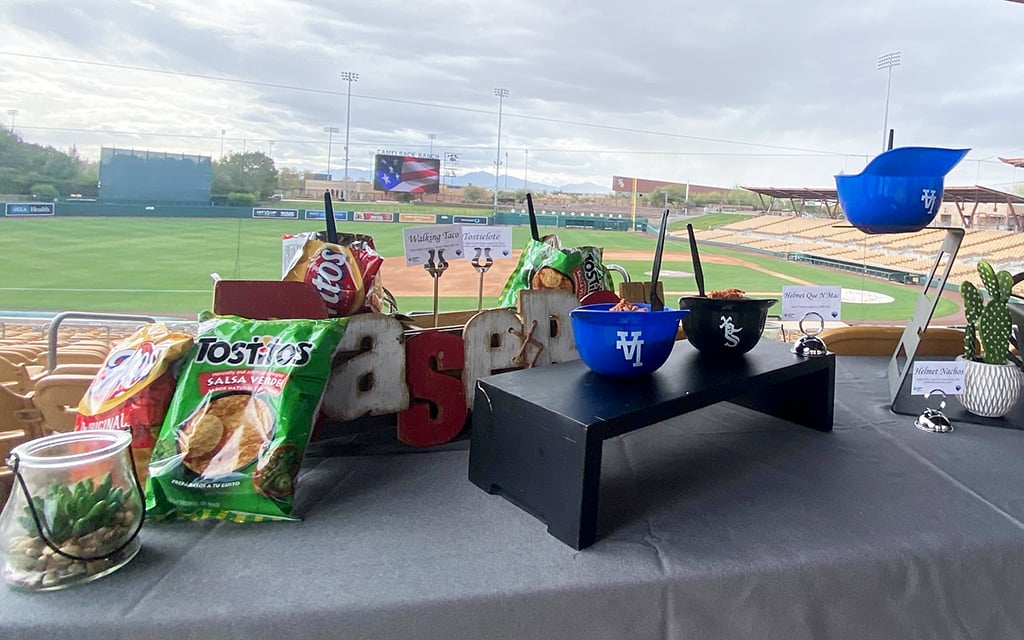 Camelback Ranch offers baseball fans a new selection of foods that includes walking tacos, elote and mac and cheese with pulled pork. (Photo by Haley Smilow/Cronkite News)