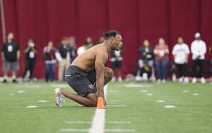 Arizona State running back Xazavian Valladay showed off his speed during the 40-yard dash in front of NFL scouts at pro day. (Photo by Grace Edwards/Cronkite News)