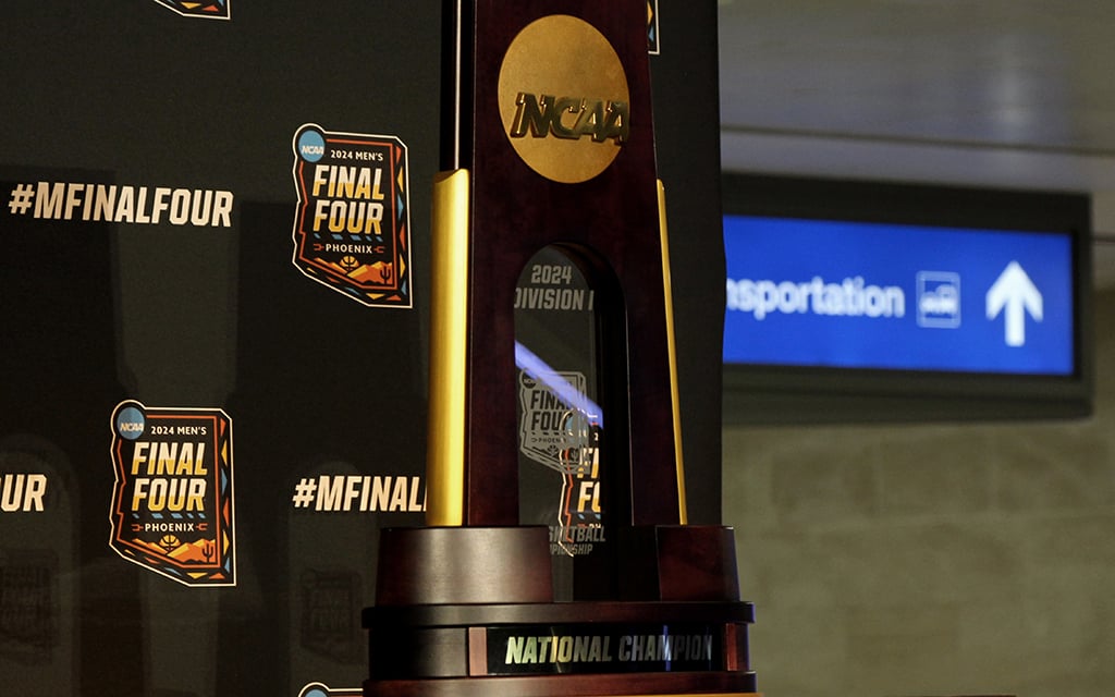 The NCAA men’s basketball national championship trophy made an appearance at Sky Harbor International Airport Thursday to signal the countdown to next year’s tournament. (Photo by Robert Crompton/Cronkite News)
