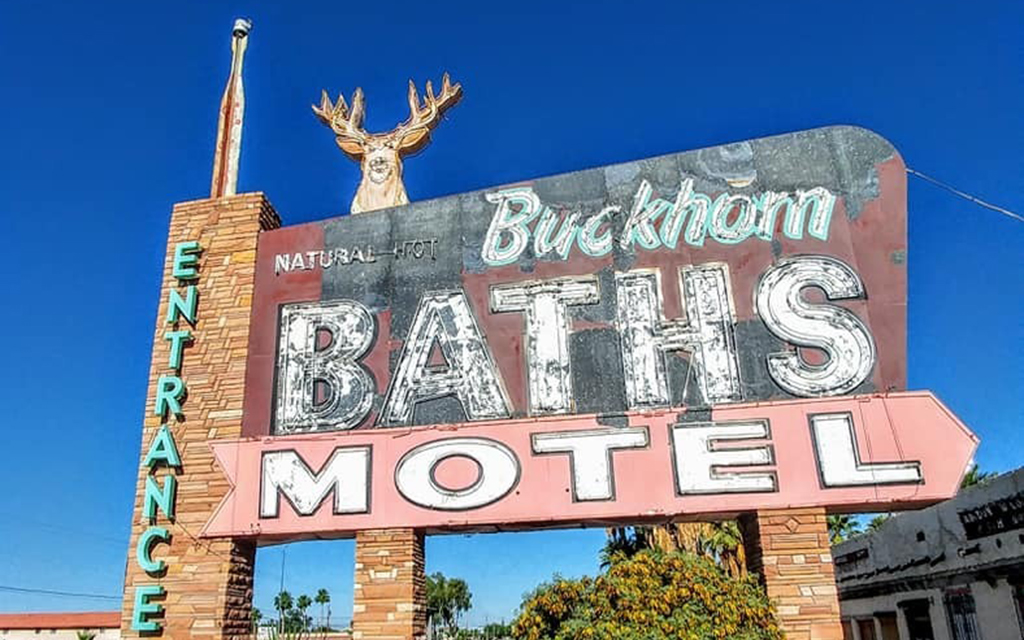 Buckhorn Baths Motel, on the corner of Main Street and Recker Road in Mesa, played a role in bringing spring training to Arizona. But the hotel and spa has fallen into disrepair. (Photo courtesy of Charlie Vascellaro)