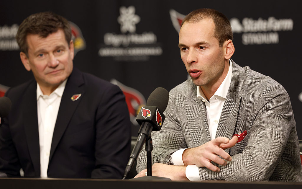 The Arizona Cardinals entered the offseason facing a plethora of questions surrounding the roster. After opting for a more conservative approach in free agency, first-year coach Jonathan Gannon, right, plans to find answers in this week's NFL draft as owner Michael Bidwill hopes for a "quick turnaround." (Photo by Chris Coduto/Getty Images)