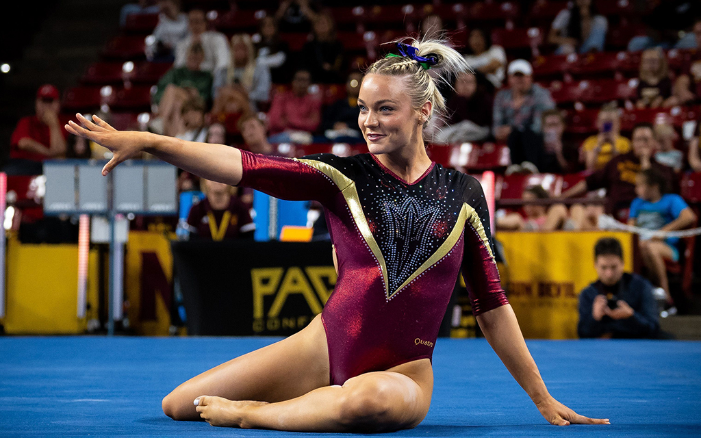 After earning the highest all-around score of any gymnast whose team did not qualify for the NCAA Championships, ASU senior Hannah Scharf is set to compete as an individual qualifier Thursday in Fort Worth, Texas. (Photo courtesy of Sun Devil Athletics)