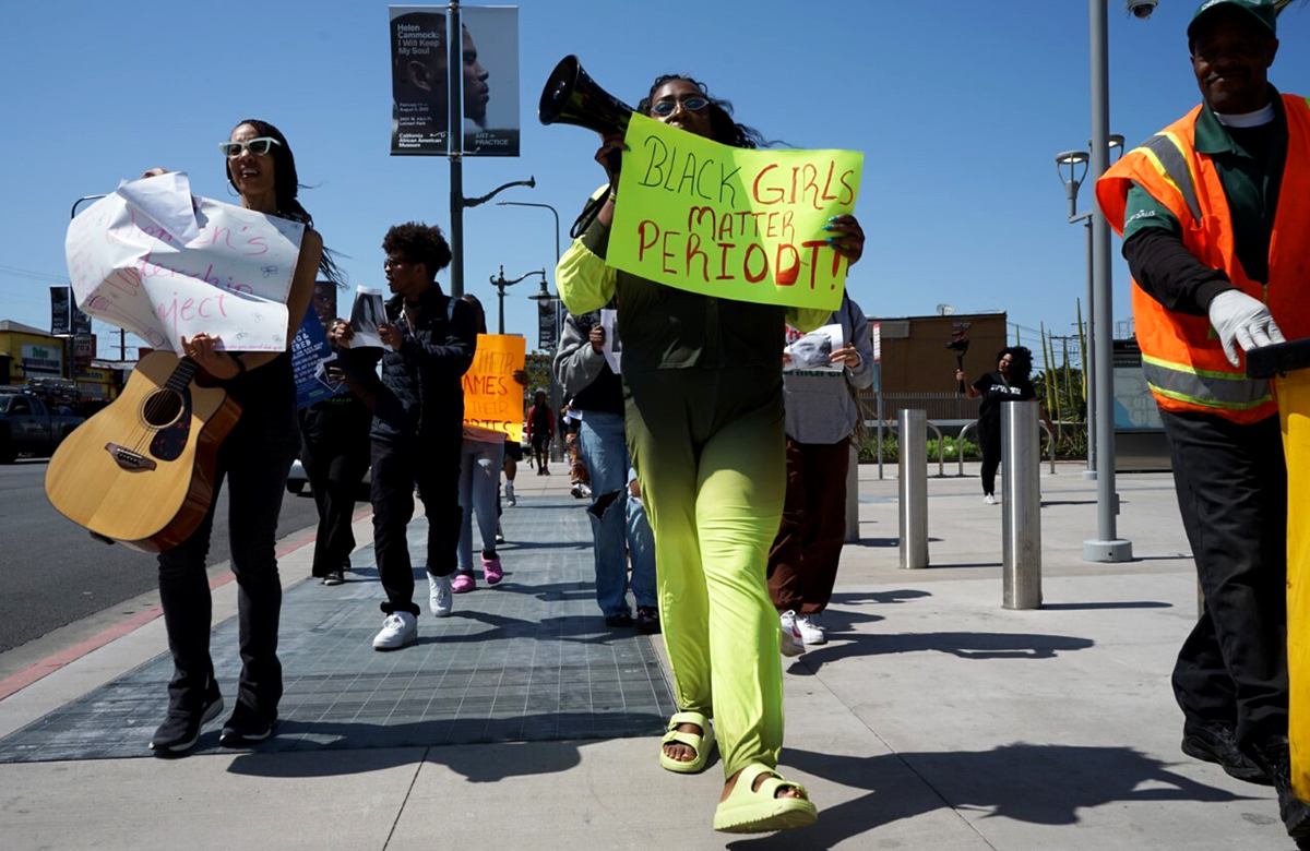 Event-goers marched around Leimert Park chanting, “We’re standing for Black girls!” (Photo by Ayana Hamilton/Cronkite News)
