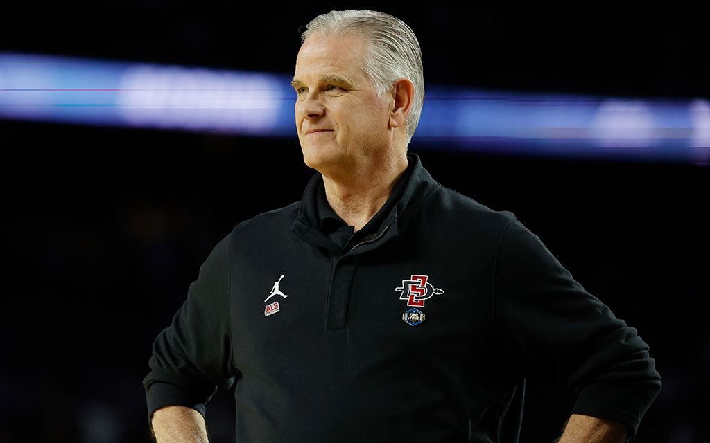San Diego State coach Brian Dutcher wouldn't be surprised if a Power 5 conference showed interest in the Aztecs. "Everything we're about is first-class," he said after Monday's national championship game. (Photo by Carmen Mandato/Getty Images)