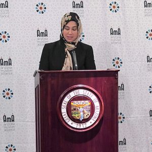 Susan Bassal, the secretary of the Arizona Muslim Alliance, speaks during Muslim Day at the Arizona State Capitol on Feb. 24, 2023. (Photo courtesy of the Arizona State Legislature)
