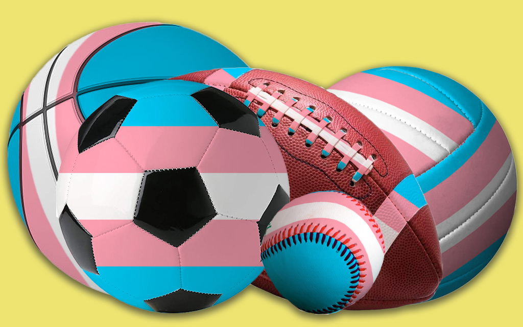 Sports balls with the transgender pride flag superimposed over them are pictured on a yellow background.