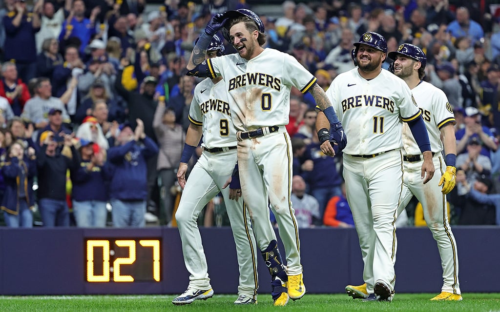 Brice Turang finally received his call-up to the majors and made an immediate impact. On April 3, the Milwaukee Brewers infielder hit a grand slam for his first career home run in a 10-0 win over the Mets. (Photo by Stacy Revere/Getty Images)