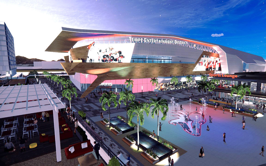 The Arizona Coyotes' proposed arena in Tempe would feature a 16,000-seat arena, practice rink, apartments, two hotels, a restaurant row and a theater. The Coyotes’ development arm announced its intent to file a claim for damages against the city of Phoenix over the city’s opposition to the project. (Rendering courtesy of Arizona Coyotes)