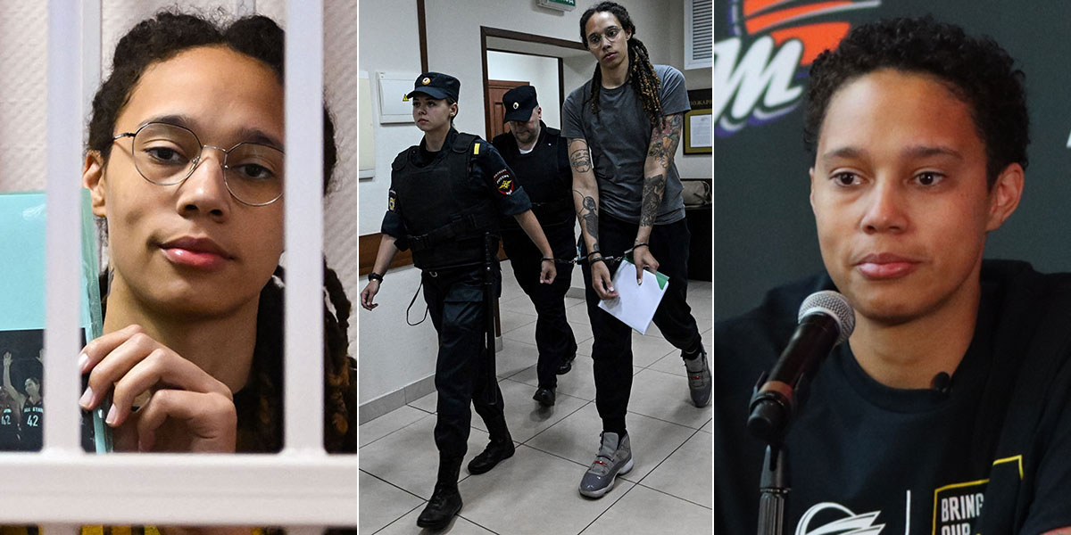 Left: Brittney Griner in a defendants’ cage at a Russian court, said pictures of her teammates and friends helped her through the difficult days. (Photo by Natalia Kolesnikova/AFP via Getty Images) Center: When Griner’s trial in Russia started July 1, much of the world’s attention was on the basketball star. The proceedings brought attention to other prisoners abroad. (Photo by Kirill Kudryavtsev/AFP) Right: A teary eyed Griner addresses questions from the media Thursday, her first press conference since she was released from a Russian prison following a prisoner exchange. (Photo by John Cascella/Cronkite News)
