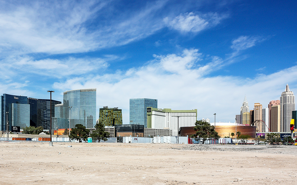 A view shows the Las Vegas Strip behind the site that the Oakland Athletics agreed in principle to purchase from Red Rock Resorts Inc. for a potential new ballpark in Las Vegas, Nevada. The team will now work on a public-private partnership to build a retractable-roof stadium in time for the 2027 season. (Photo by Ethan Miller/Getty Images)