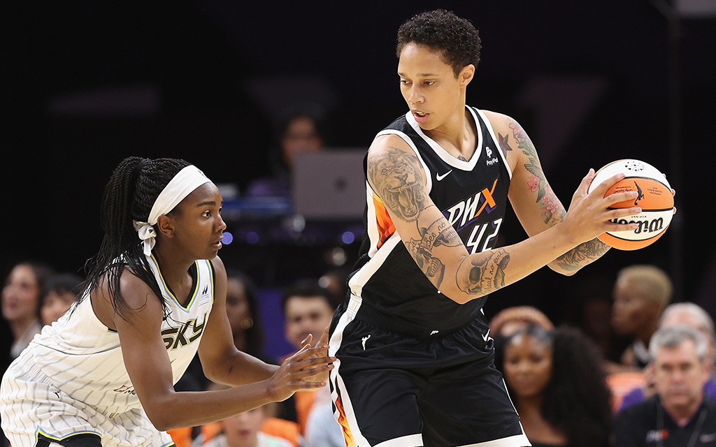 Phoenix Mercury center Brittney Griner opened Sunday's game against the Chicago Sky with a three-point play to electrify the Footprint Center crowd. She finished with a game-high 27 points in a 75-69 defeat. (Photo by Christian Petersen/Getty Images)