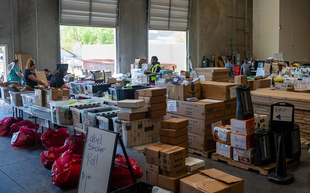 Masks, gloves and other COVID-19 equipment are for sale at Embry Health’s Tolleson warehouse through the end of May. Photo taken on April 28, 2023. (Photo by Jack Wu/Cronkite News)