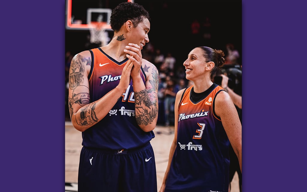 Diana Taurasi, right, and Brittney Griner combined for 41 points in the Phoenix Mercury's first win of the season Thursday against the Minnesota Lynx at Footprint Center. (Photo couresy of Phoenix Mercury)