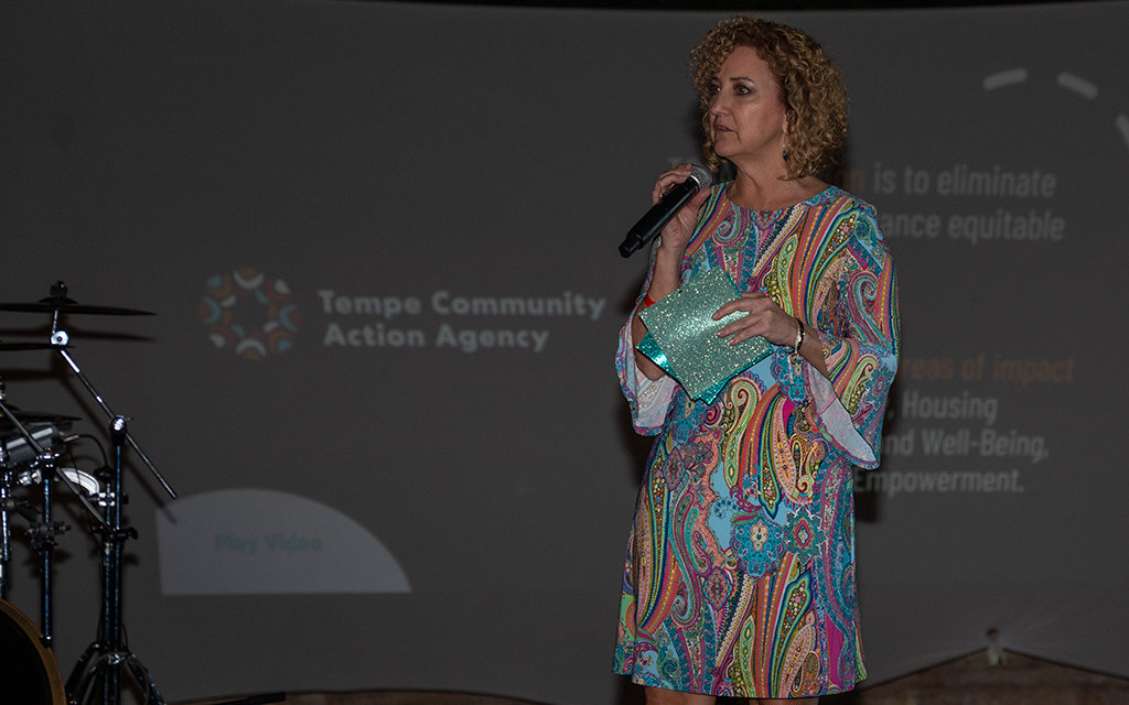 Tempe Community Action Agency CEO Deborah Arteaga talks at an April 14, 2023, fundraising event about programs the agency offers to the homeless. (Photo by Jack Wu/Cronkite News)