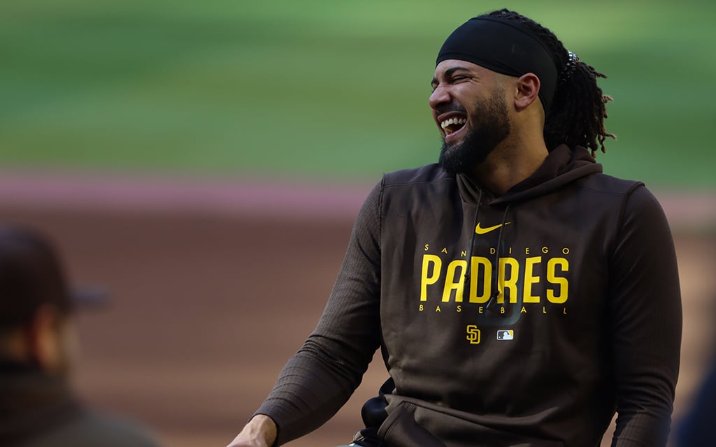 Fernando Tatis Jr. lets out a laugh during the San Diego Padres’ pregame warmups at Chase Field. The April 20 game was Tatis’ return to the Padres lineup since serving an 80 game PED suspension. (Photo by John Cascella/Cronkite News)