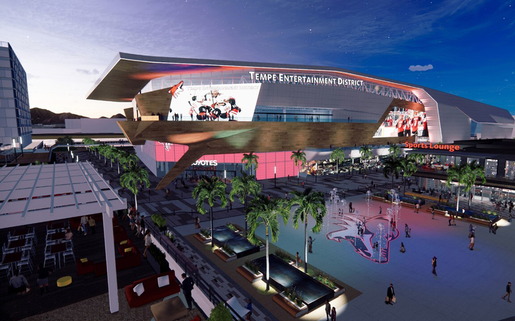 Tuesday is the deadline for Tempe voters to turn in their mail-in ballots that will decide the fate of a proposed 46-acre arena and entertainment district. The plan not only includes a hockey arena but fine dining, shopping and a public ice rink. (Rendering courtesy of Arizona Coyotes)