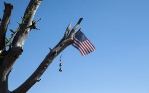 An American flag hangs in a burned tree over the plaque of Granite Mountain Hotshot Dustin DeFord at Granite Mountain Hotshots Memorial State Park. DeFord was only 24 when he died in the Yarnell Hill Fire. (Photo by Joey Plishka/Cronkite News)